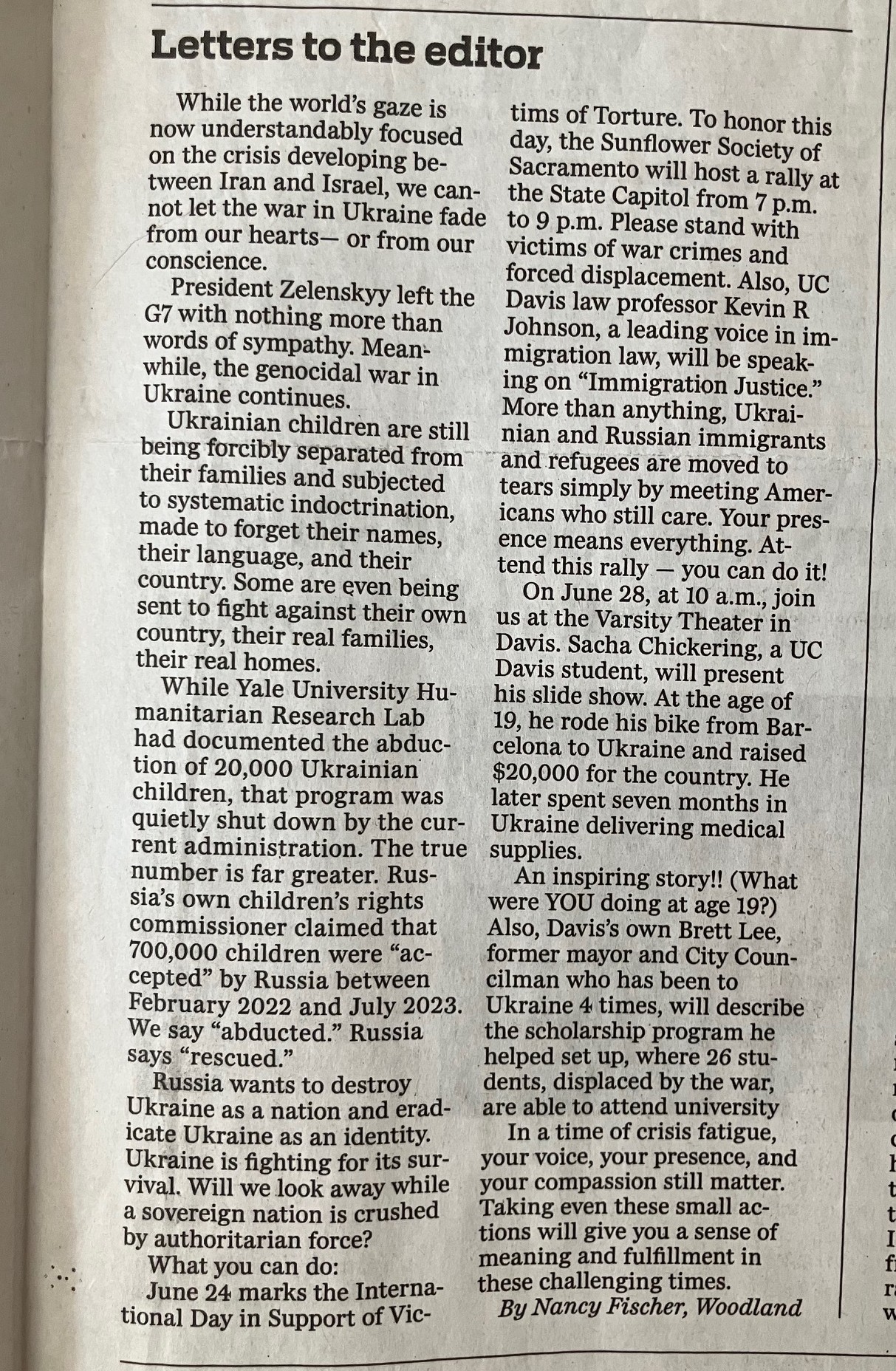 Woodland Daily Democrat: Letters to Editor, Letter by Nancy Fischer, Sunday June 22 2025