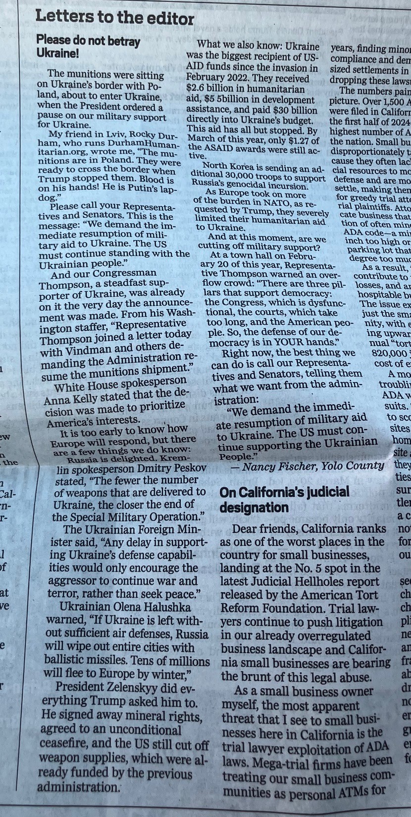 Woodland Daily Democrat: Letters to Editor, Letter by Nancy Fischer, Sunday July 6 2025